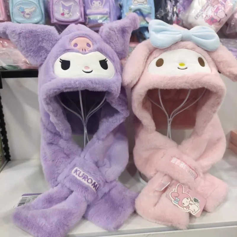 Sanrio ChildrenS Hat Scarf Integrated Winter Warm Cute Kuromi Anime Plush Cartoon Ear Protection Hat Gloves New Model L250919