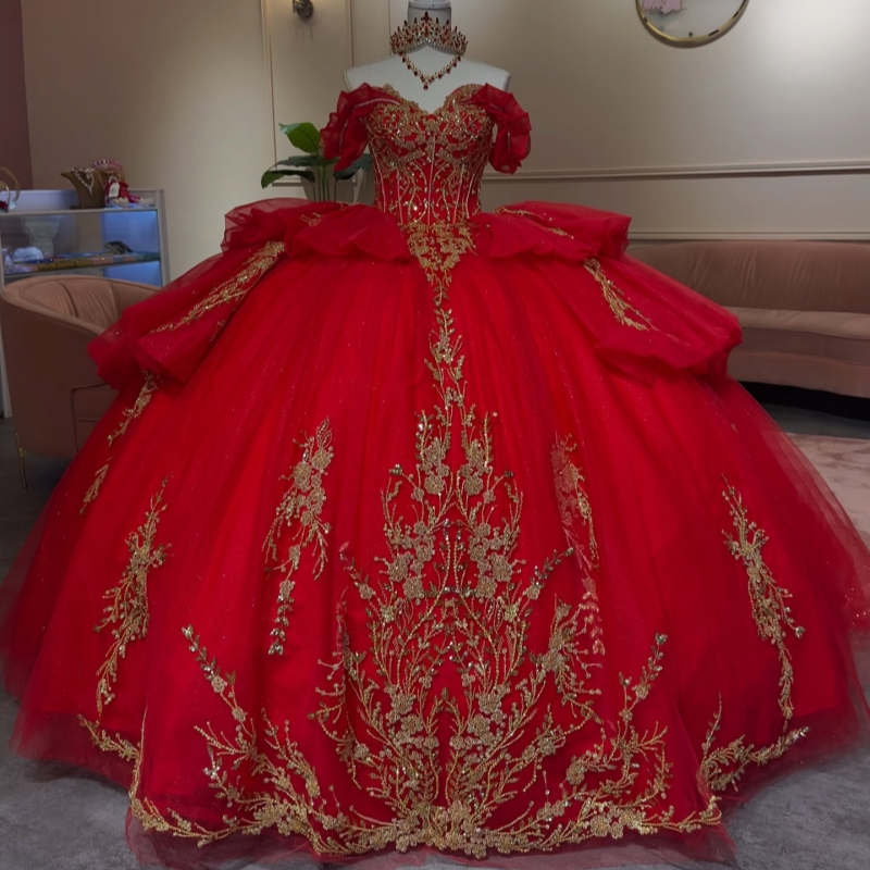 Red Shiny Quinceanera Dresses Off The Shoulder Gold Applique Lace Bow Beading Crystal Tull Party Birthday Sweet 16 Dress Vestidos De 15 Anos