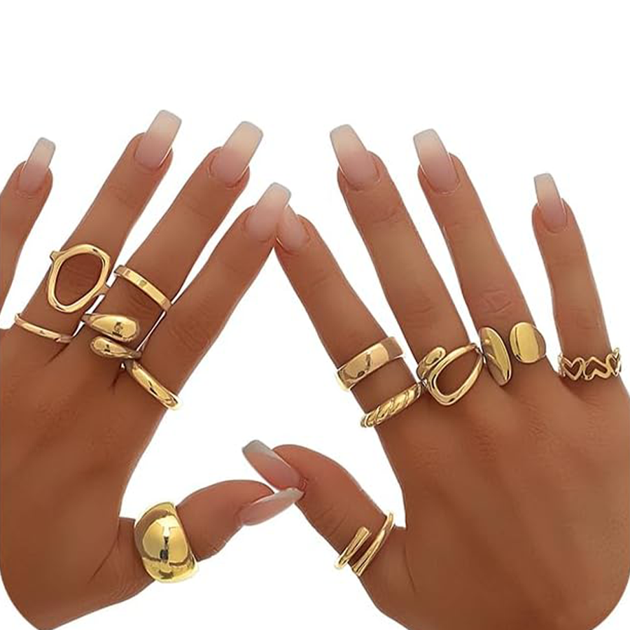 12Pcs Gold Chunky Rings 18K Gold Plated Stackable Open Knuckle Ring Set Hollow Heart Twist Croissant Dome Band Statement Finger Rings for Women Gold T