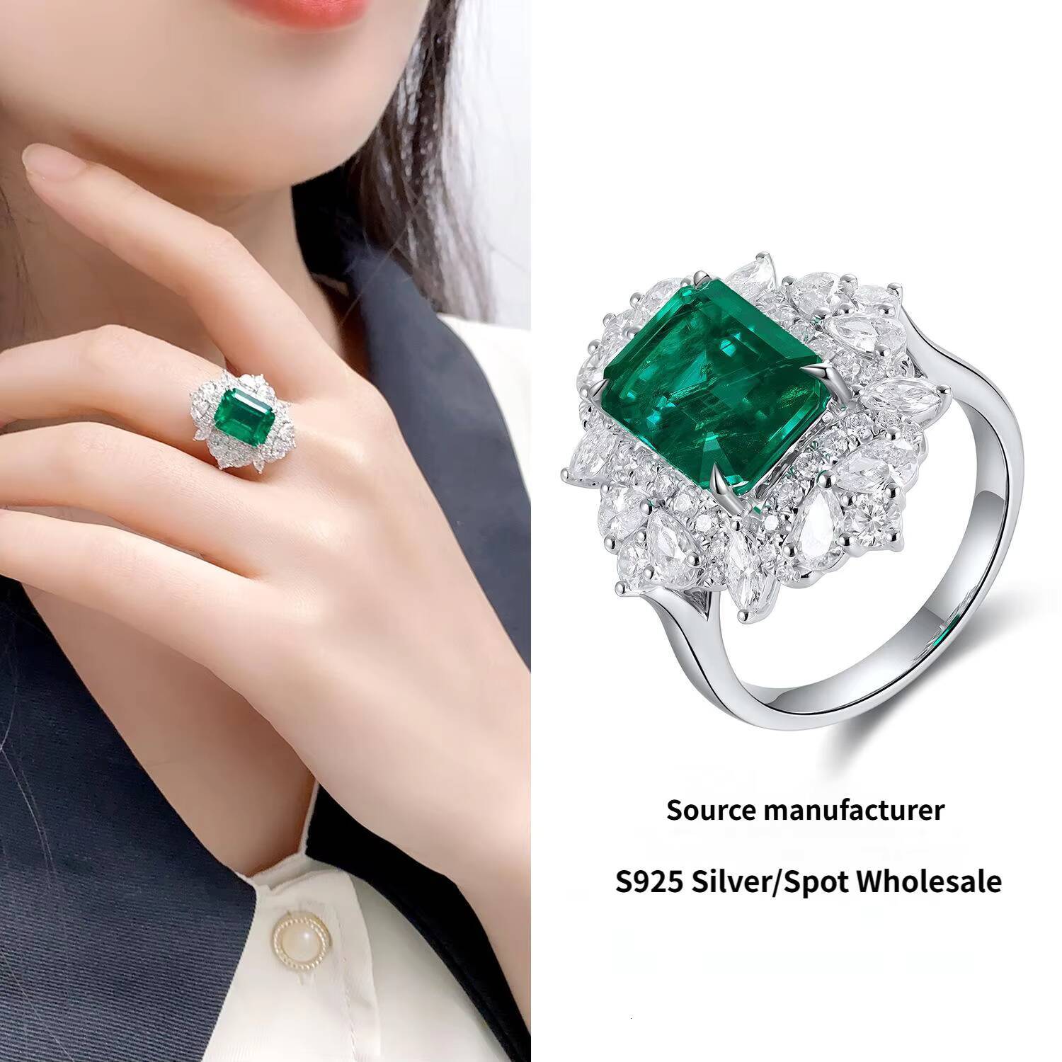 Luxury Natural Garnetcultivated Emerald S925 Silver Womens Ring Rectangular Cutting Art Elegant Classic Womens Business Ring