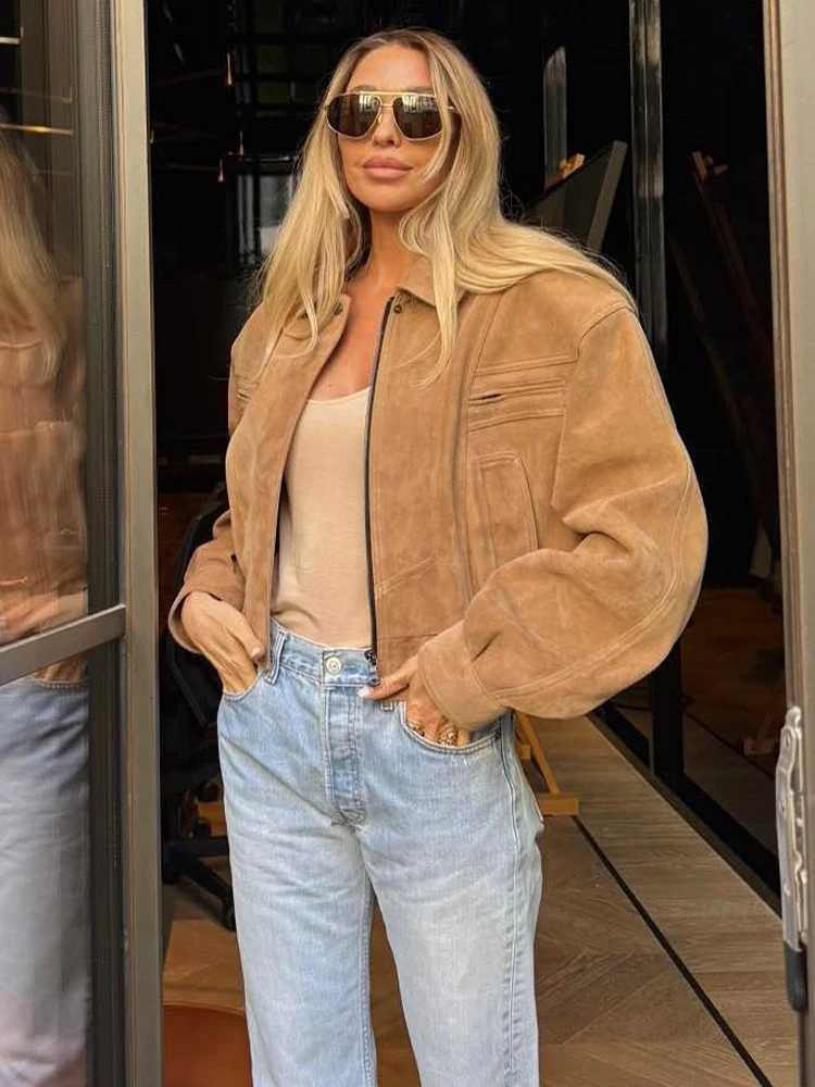 Brown Suede Lapel Zippered Jackets Womens Casual Full Sleeves Pockets Loose Mini Coats Retro Autumn Lady Daily Commute Outwear Z250918