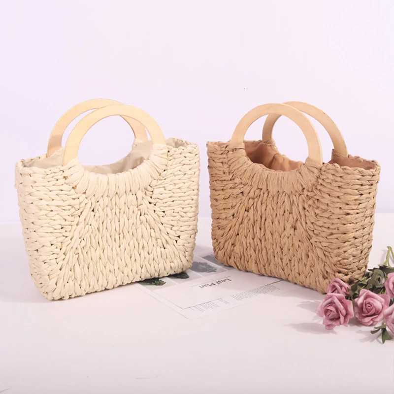 Wooden Handle Straw Bag For Women Handmade Woven Tophandle Bag Vacation Seaside Beach Bag Basket Casual Shopping Totes Basket Z250915