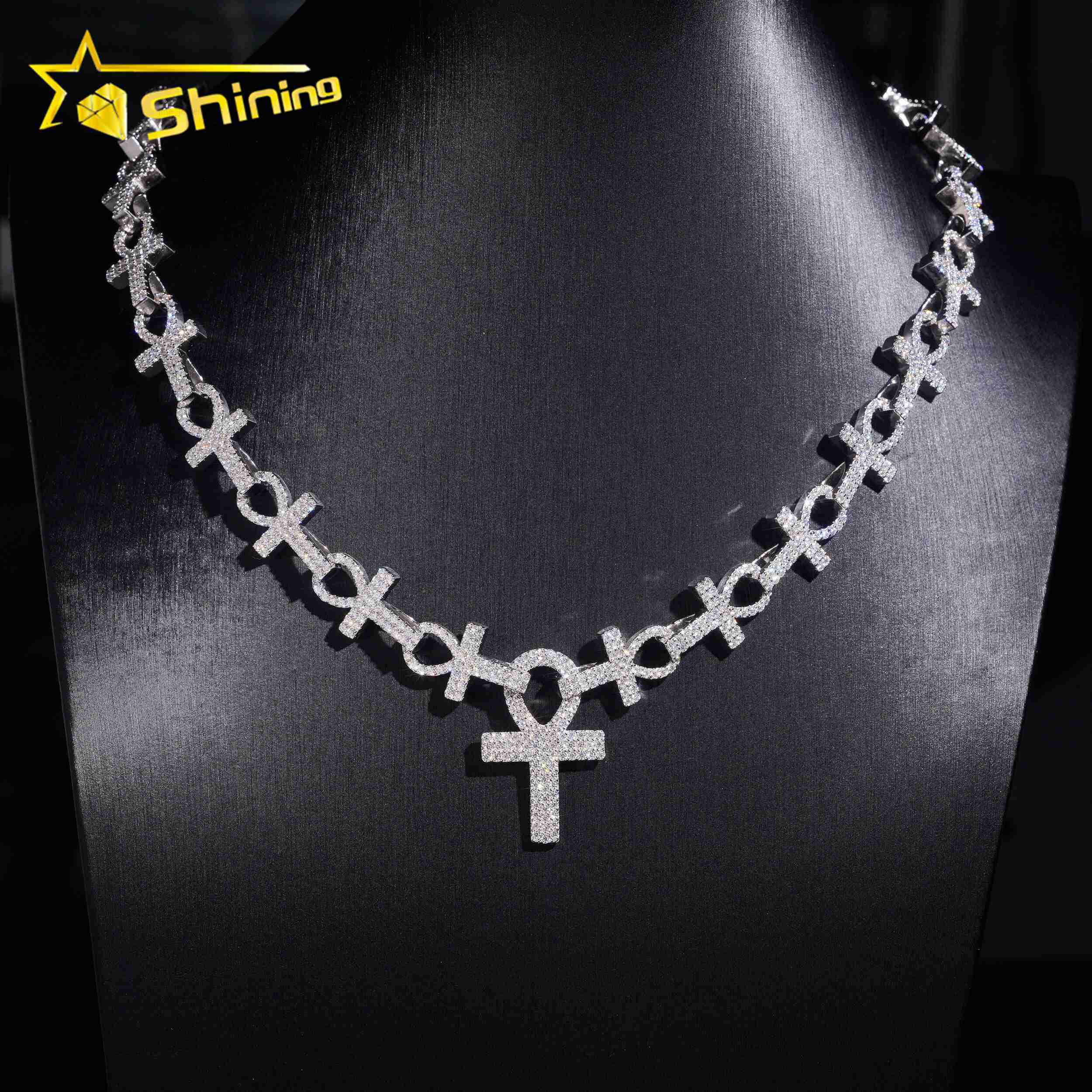 Ankle Cross Moissanite Necklace Chain Pass Tester VVS Moissanite 925 Silver Gold Plated Hip Hop Iced Out Cuban Link Chain