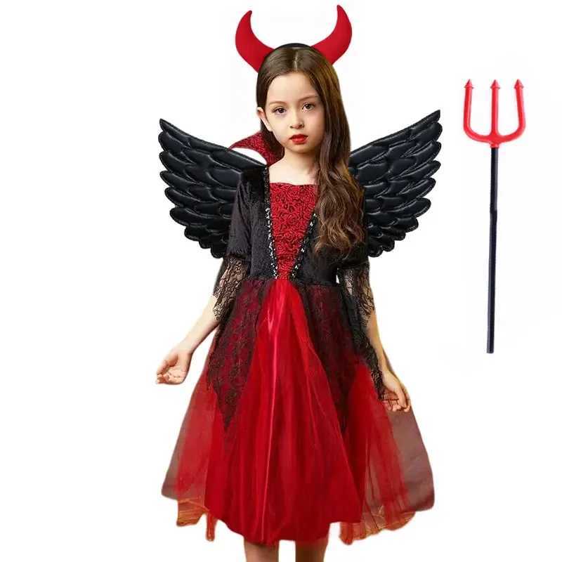 Halloween Vampire Costume Deluxe Carnival Party Black Trailing Mesh Dress Kids Cosplay Demon For Girls Boys Clothes Suit L250918