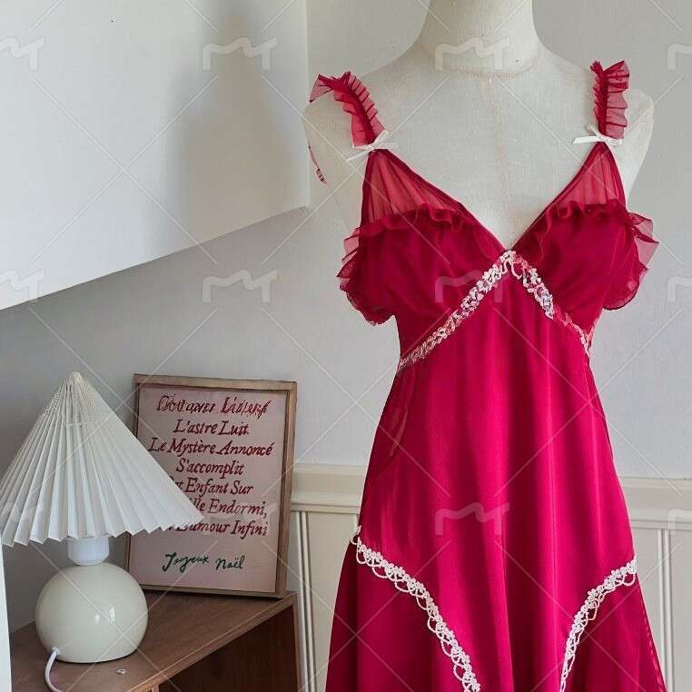 New Sweet Lazy Ice Silk Lingerie Passionate Hot with Chest Pads Sexy Nightdress Robe Homewear Set 496