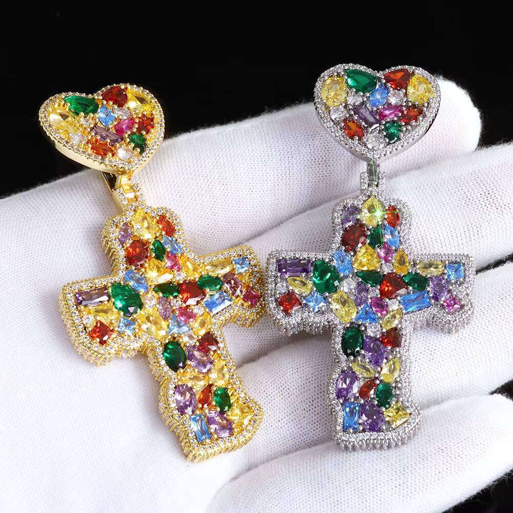 NUOYA Iced Out Colorful Love Hook Cross Pendant Necklace Gold Plated Large Baguette Moissanite Diamonds Custom Charm Hip Hop Jewelry