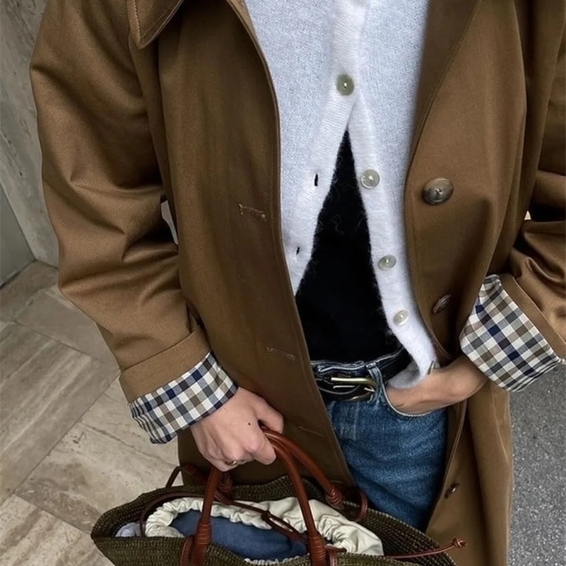 Women Casual Khaki Plaid Lined Lapel Trench Coats 2025 Autumn Single Breasted Loose Jacket Female Chic Overcoat Streetwear 250918