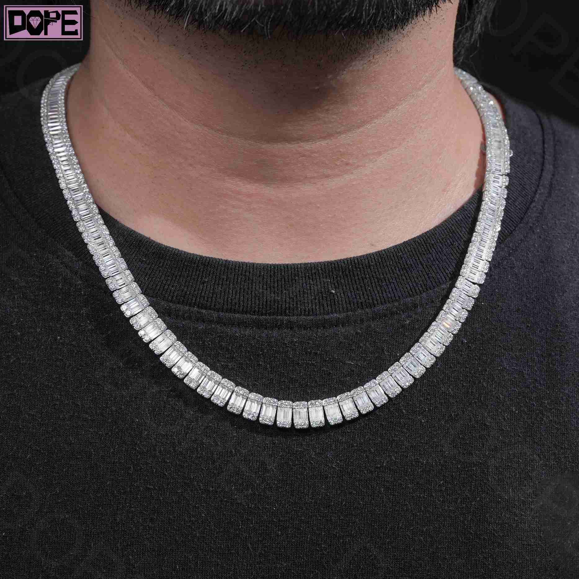 9mm Hip Hop Moissanite Tennis Chain VVS Baguette Cluster Iced Out 925 Sterling Silver Tennis Chain