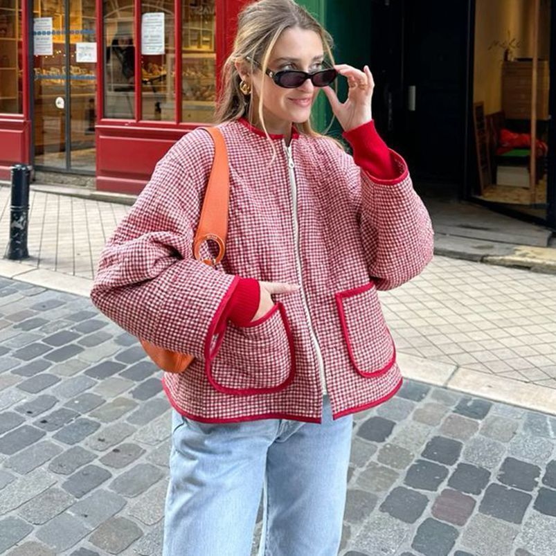 Combhasaki Womens Y2K Vintage Zip Up Cropped Jacket Aesthetic FloralStriped Lightweight Quilted Long Sleeve Coats with Pockets 250923