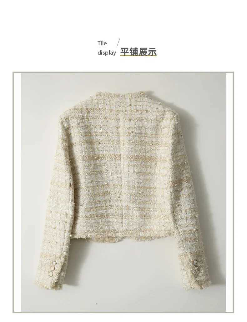 2025 French Style Springautumn Women Highend Pearl Wool Tweed Short Jacket Tweed Cropped Top Womens Clothing Office Lady Z250918