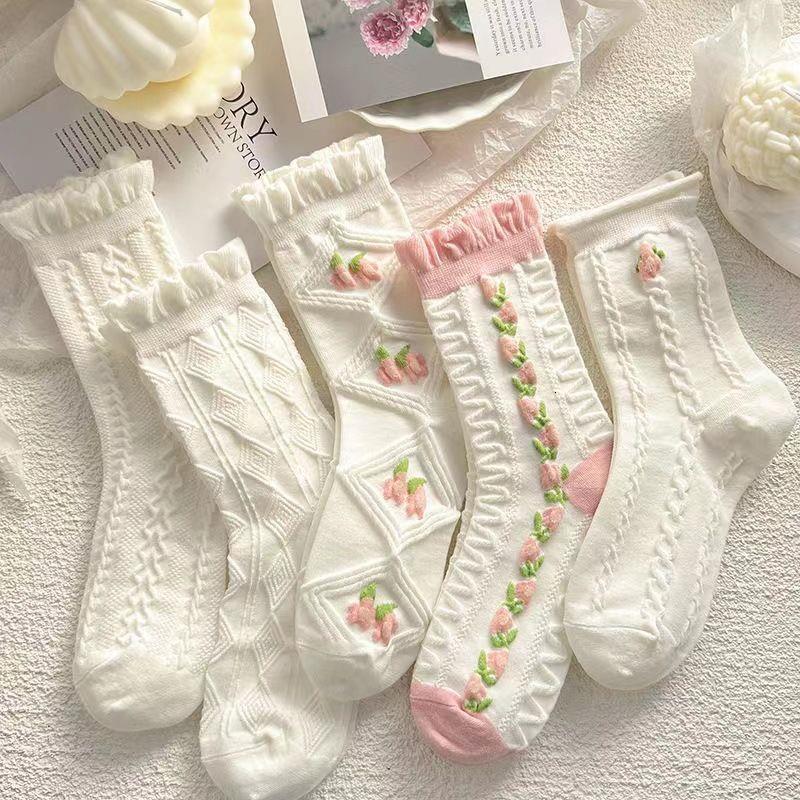 White Lace JK Socks for Women, Mid-Calf, Ins Trend, Pink Mist Color, Girl's Socks, Spring and Summer Thin Style, High Appearance