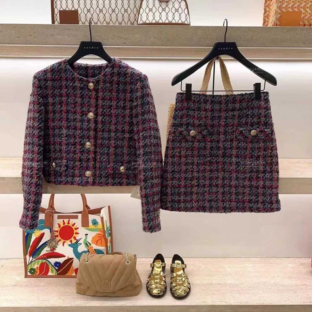 Women Retro Plaid Tweed Short Coat or ALine Mini Skirt Slim Fit Round Neck Jacket Top for Female Z250918