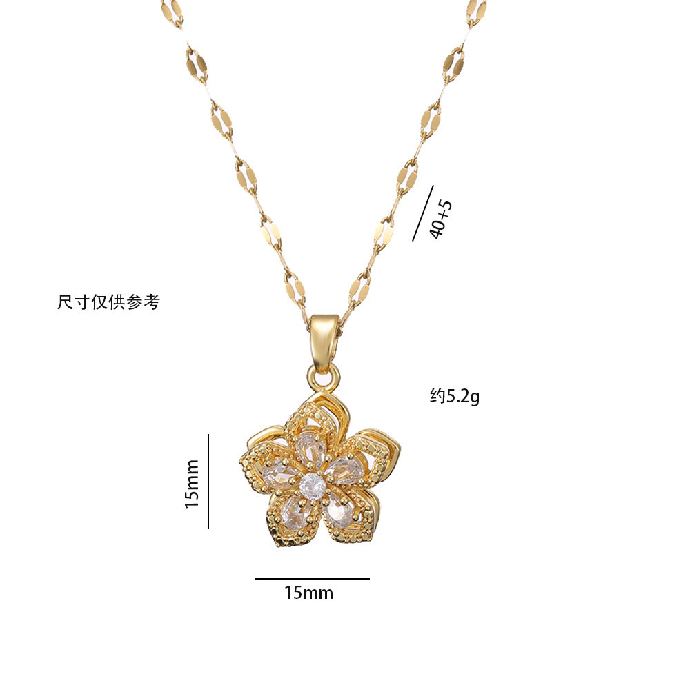 Copper Micro-inlaid Zircon Five-petal Flower 360°Rotating Pendant Necklace Elegant Light Niche Design Sense