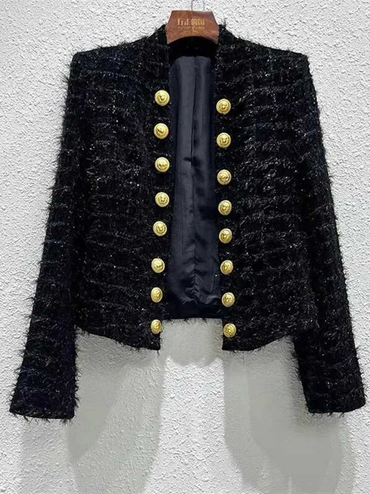 Women Black Tweed Short Cardigan Slim Outwear Jacket Top Autumn Winter New Metal Double Breasted Tassel Bright Silk Wool Coat Z250918