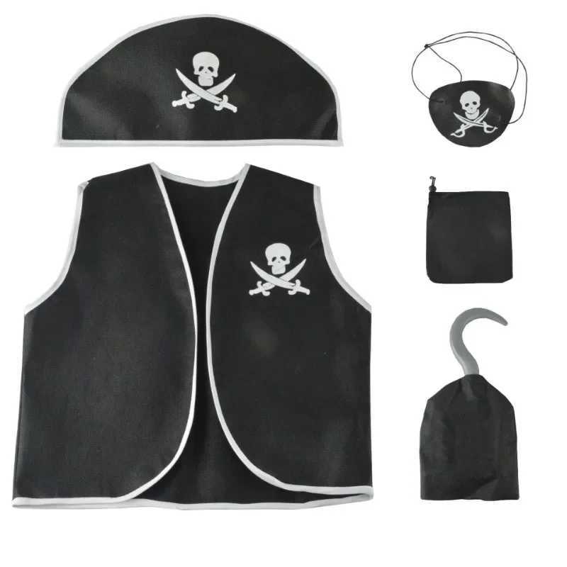 Kids Pirate Costume Black Vest with Eyeshade Hat Pirate Hook and Bag Set for Children Boy Halloween Theme Party Cosplay Dress Up L250918