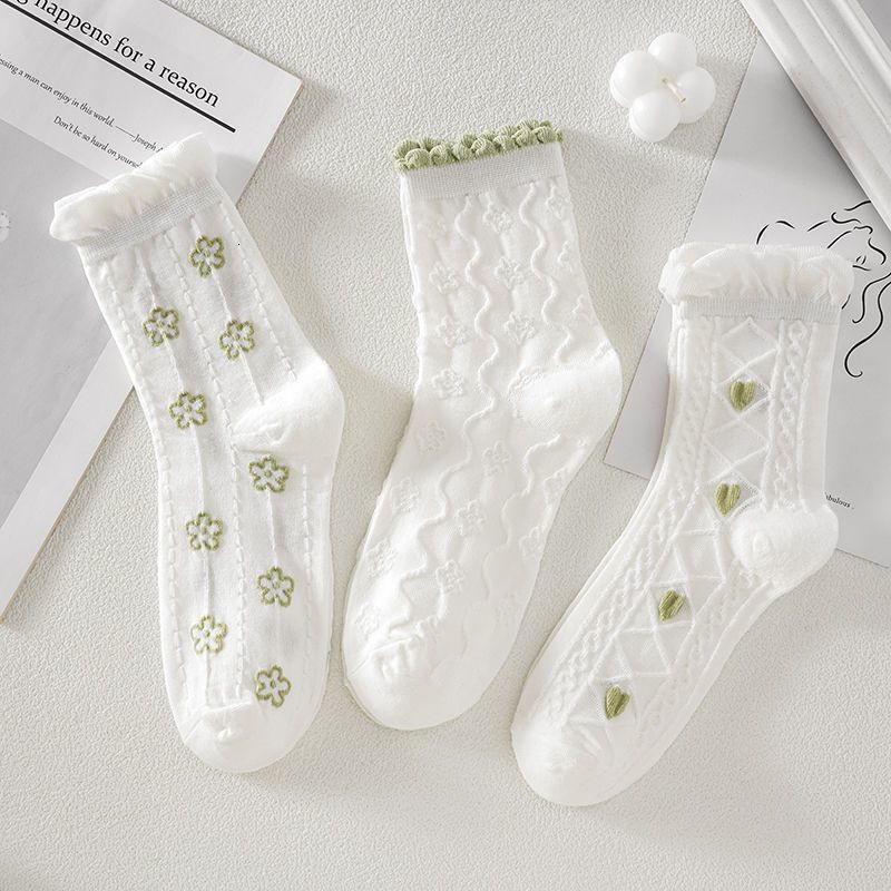 White Women Versatile Mid-Calf High-Value Mori Style Spring Summer Long Socks for Girls Green Breathable Fresh Floral