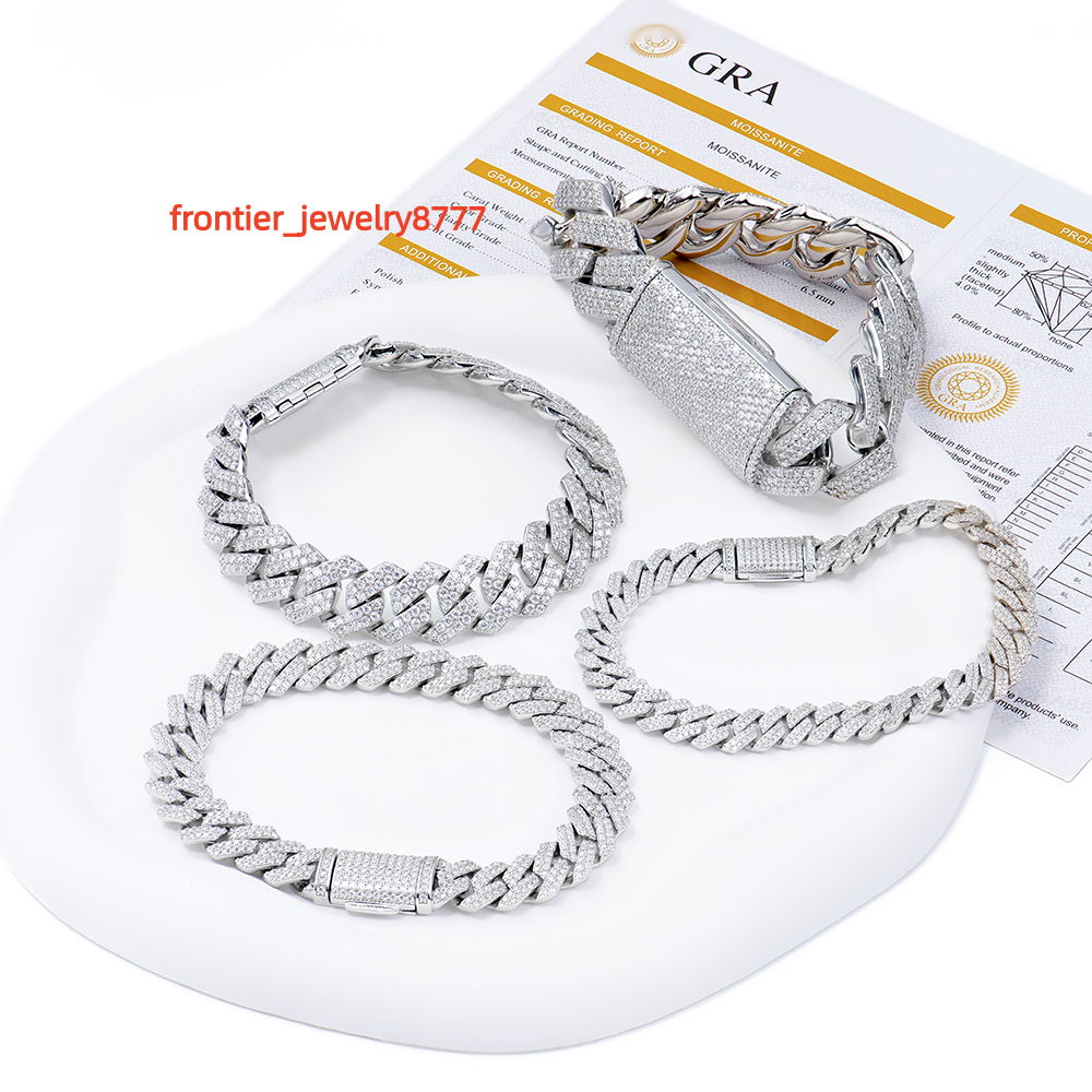 Hip Hop 925 Silver Cuban Link Chain White Gold Plated Color Bracelet DVVS Moissanite Jewelry for Men Boys