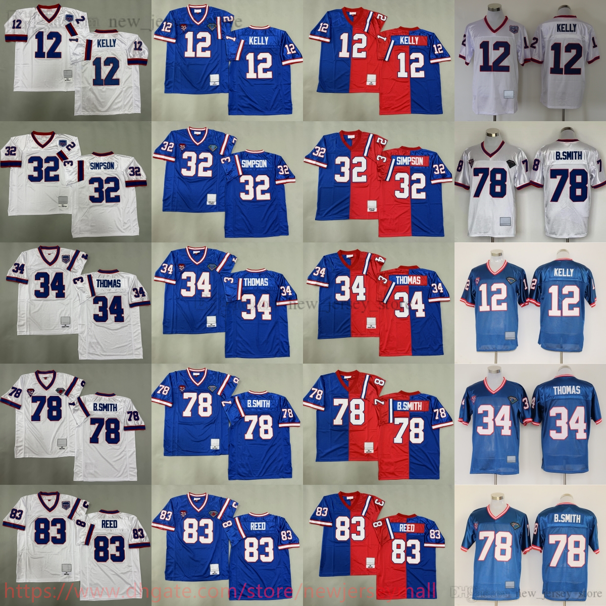 College 1994 Throwback Football 32 OJ Simpson Jerseys Retro Stitched 12 Jim Kelly 34 Thurman Thomas 78 Bruce Smith Andre Reed Jersey Vintage Breathable Sports Shirts