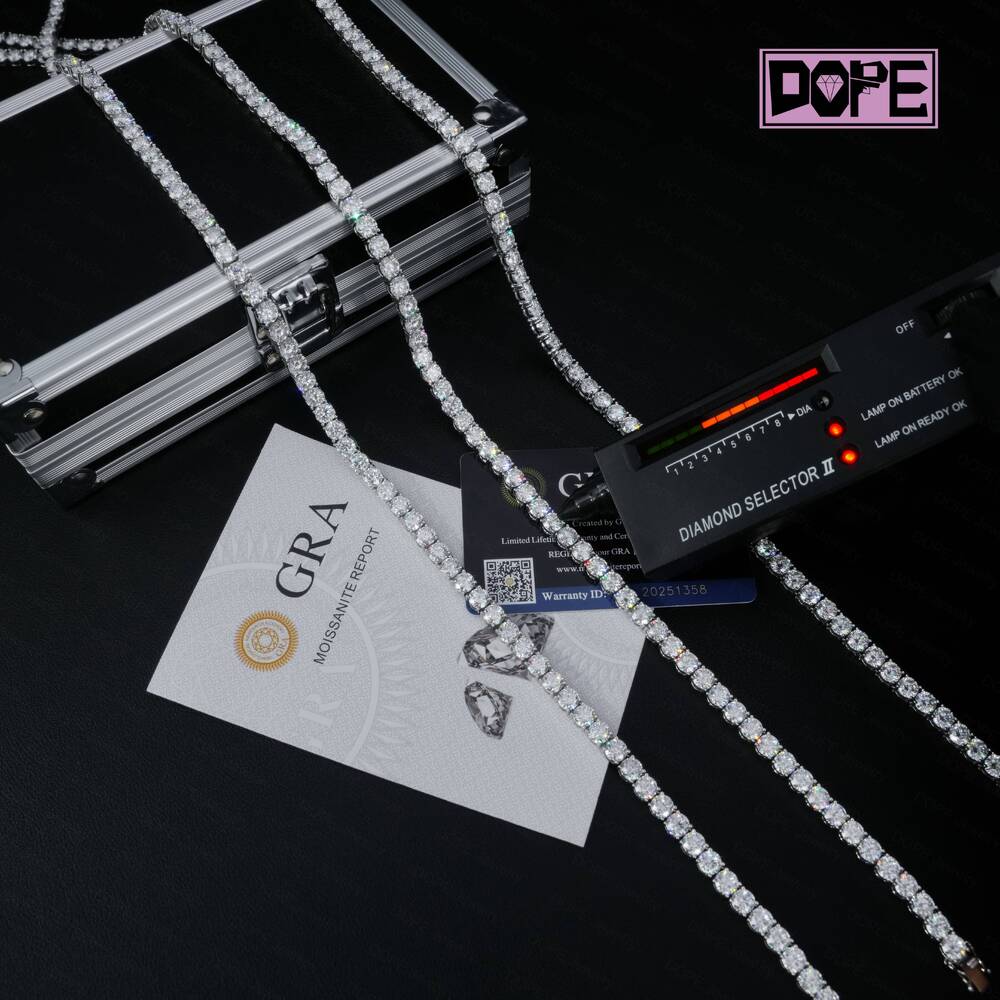 Iced Out VVS 4mm 5mm Moissanite Chain Hiphop VVS Men Tennis Necklace 925 Silver Bling Moissanite Tennis Chain