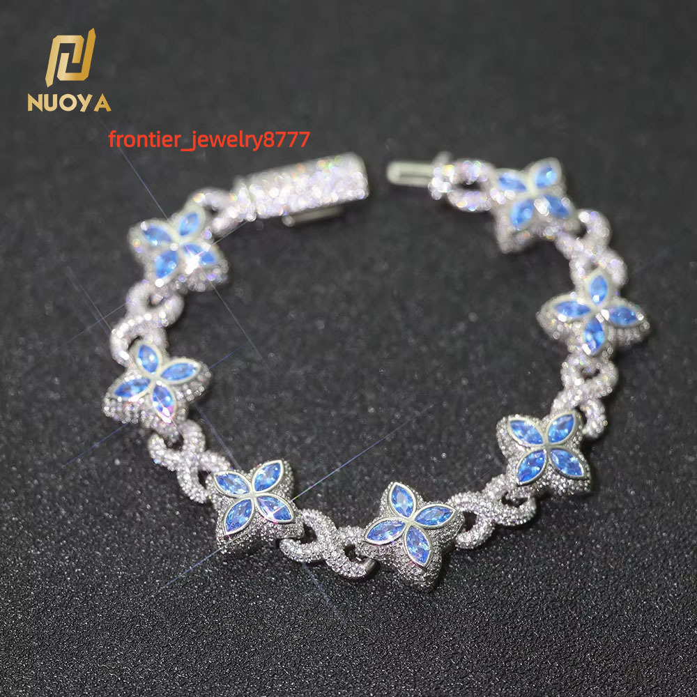 NUOYA New Style 8mm HipHop Jewelry Colorful Four Leaf Clover Chain Silver Plated Brass 5A Moissanite Cuban Chain Bracelet for Women