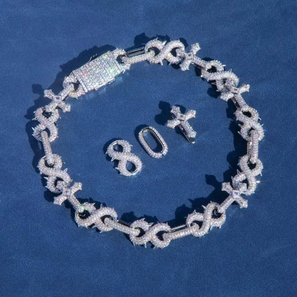 Yu Ying Full Iced Out Moissanite Diamond Sterling Silver Infinity Cross Charms Spikes Cuban Link Necklace Chains for Men