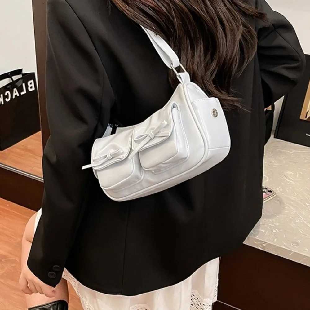 Multiple Pockets Bow Crossbody Bag Korean Style Zipper PU Leather Underarm Bag Adjustable Shoulder Strap Solid ColorXJ250918