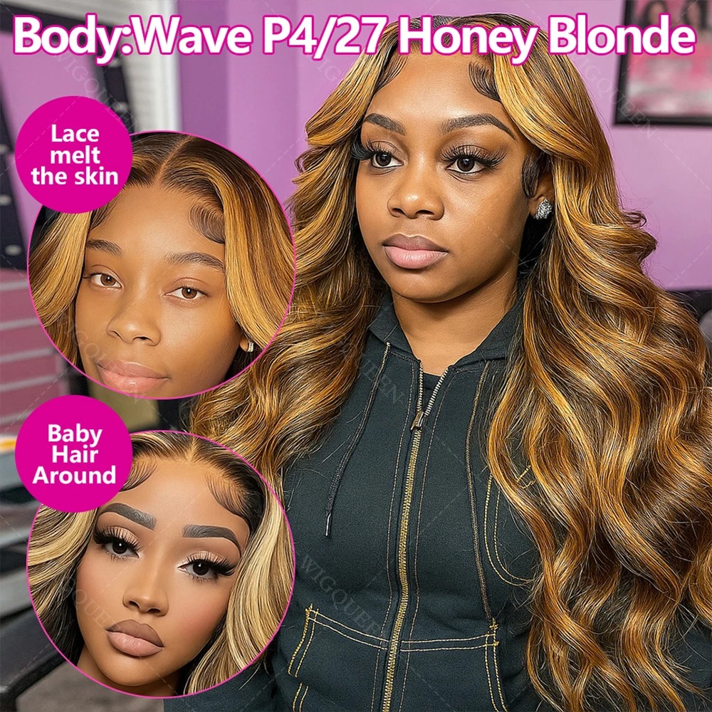 4/27 Balayage Blonde Highlight 13x6 Glueless Wigs Wear And Go Body Wave Human Hair Wig High Density 13x4 HD Mixed Color Lace Frontal Wig