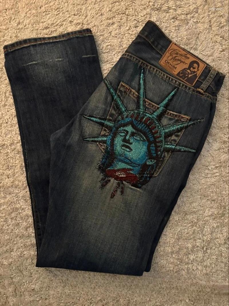 Women's Jeans Y2k 2000s Statue Of Liberty Klein Stone Pocket Hip Hop Pattern Embroidery Denim Pants High Waist Straight Wide Leg Z260313