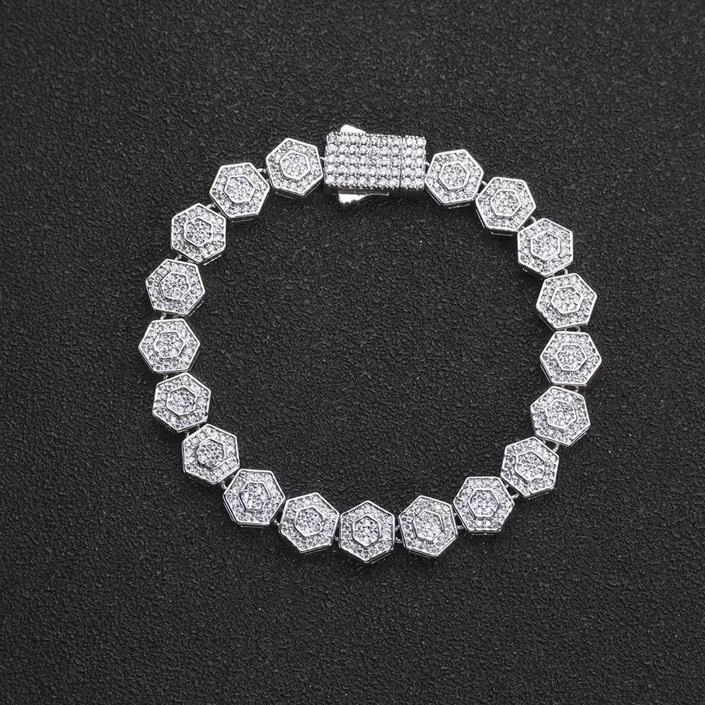 NUOYA Iced Out Bling Moissanite Geometric Charm Bracelet 85MM Hexagonal Design Link Chain Bracelet Jewelry for Women