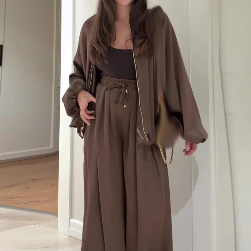 Fashion Elastic Waist Pants Sport Suit Elegant Zipper Jacket Long Pant Outfits Womens Casual Long Sleeve Solid Loose 2Pc Set 250917