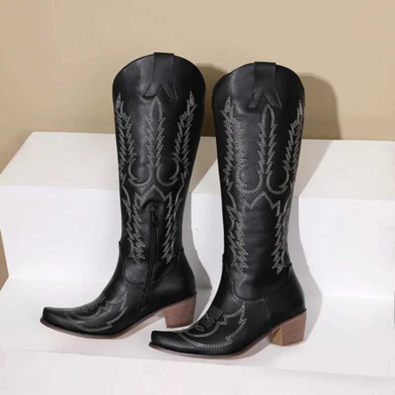2025 Winter Embroidered Wide Knee High Boots Women Pointed Toe High Heels Long Boot Designer Red White Western Cowboy Boots W250919 - view 3