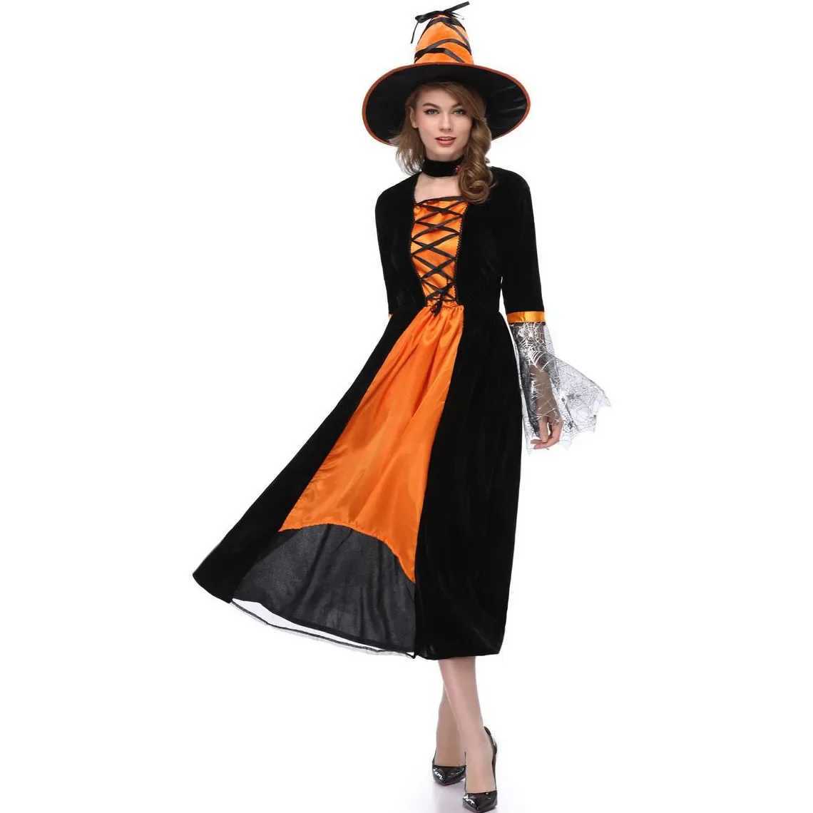 Orange Halloween Witch Costume Cosplay Cobweb Wizard Costume Demon Vampire Witch Dress L250918