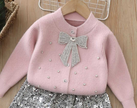 Childrens Sweater Twopiece Set for Girls Knitted Outfit with Skirt Sequin Bow Cardigan Long Sleeve H250919