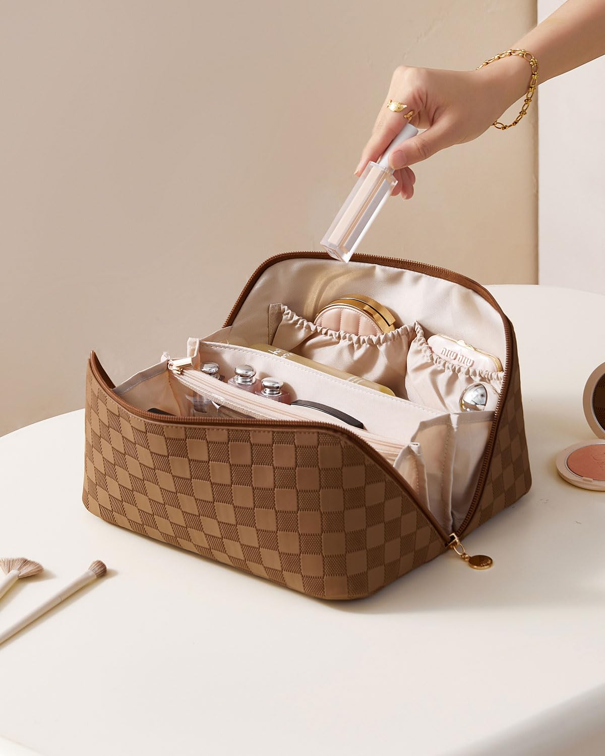 Flat Lay Makeup Organizer Bag Spacious Waterproof Stylish Printed Women Travel Toiletry Pouch