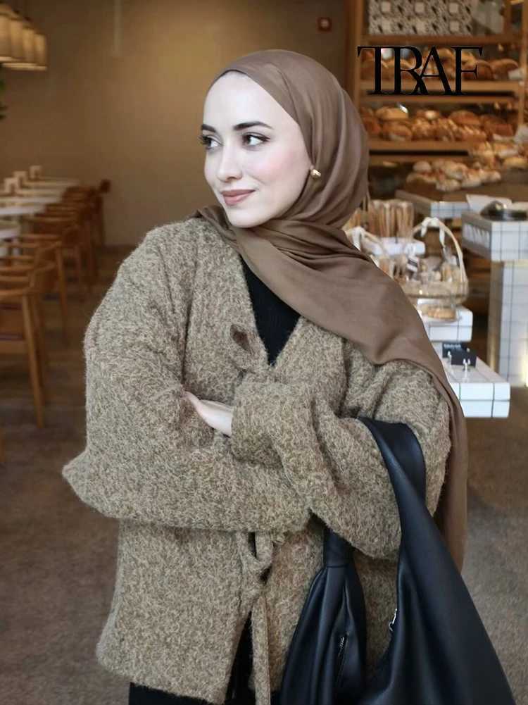 TRAF Women Fashion Casual Knitted Cardigan Autumn and Winter Loose Solid Color VNeck Tie Coat Retro Long Sleeve Commuter Jacket Z250918