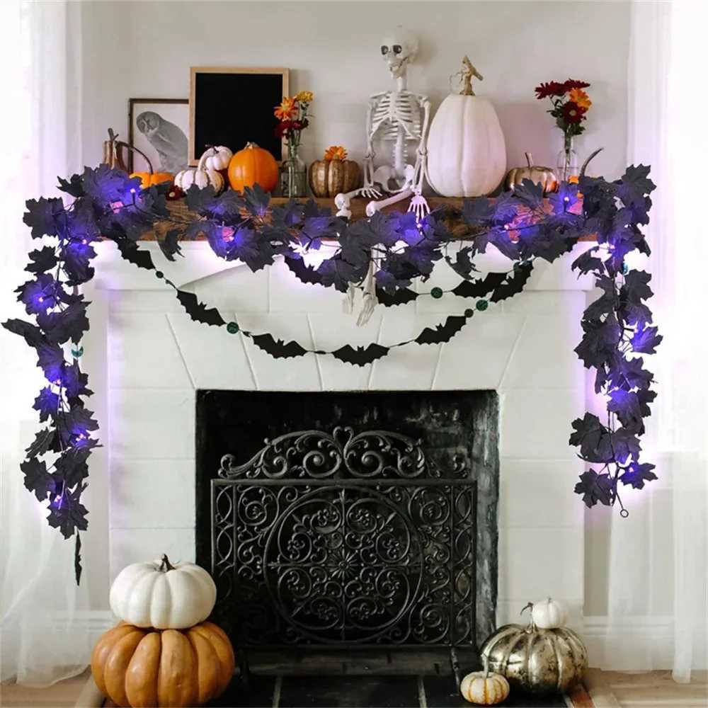 1pc Halloween Garland with Purple Lights Black Leaf Garland Black Artificial Maple Leaves Decor Home Mantle Stairs Indoor C250919