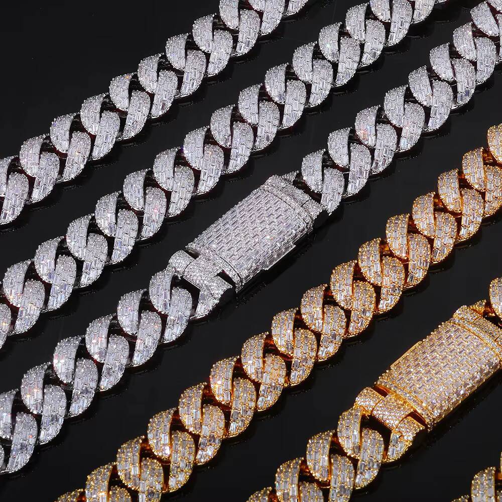 NUOYA Luxury 20mm Cuban Chain Bracelet Silver Plated Iced Out Moissanite Flip Clasp Baguette Cut Diamond Inlay Hip Hop Fine Jewelry