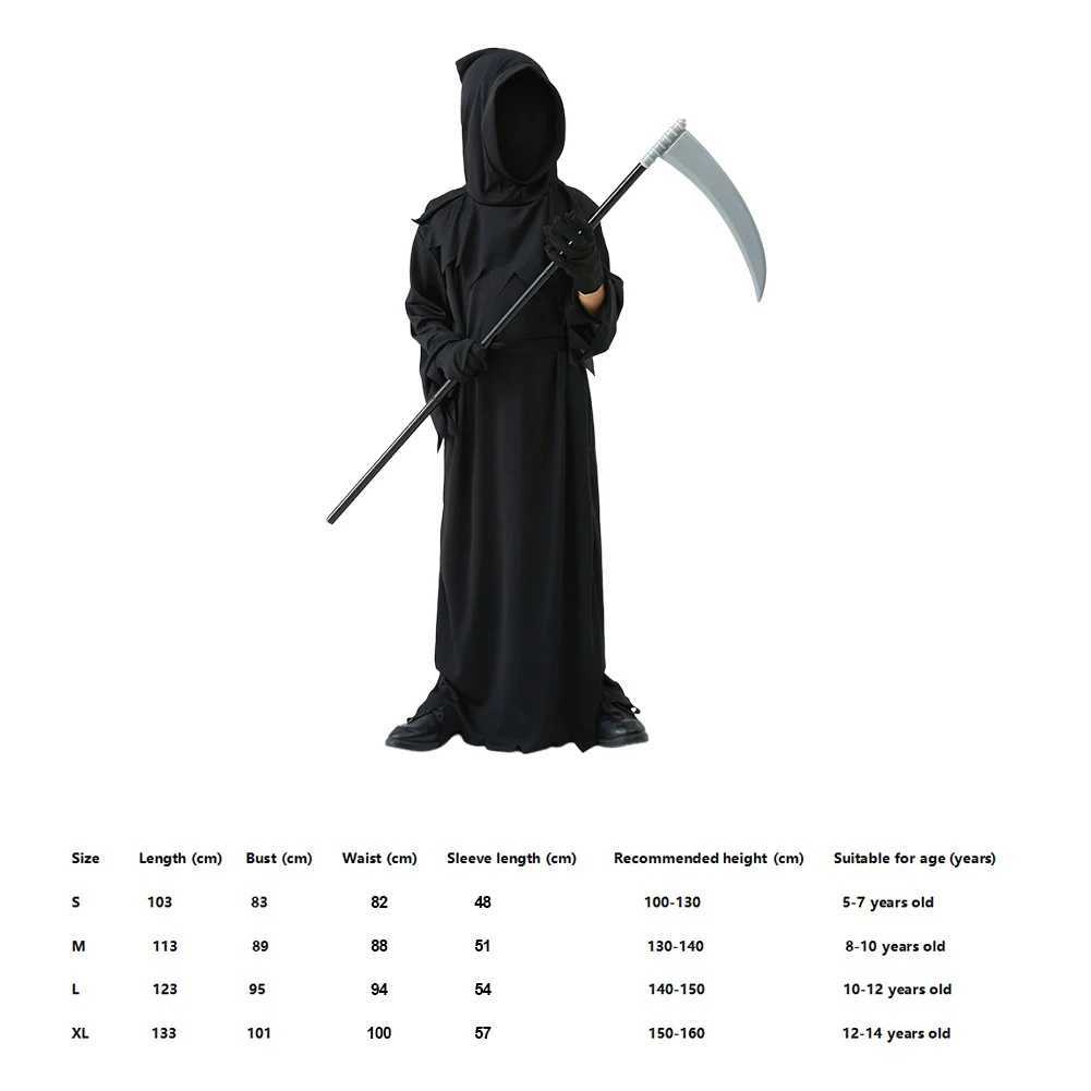 Halloween Cosplay Costume for Kids Scary Grim Reaper Skeleton Costume with Glowing Red Eyes Spooky Cos Robe Sickle Chain Props L250918