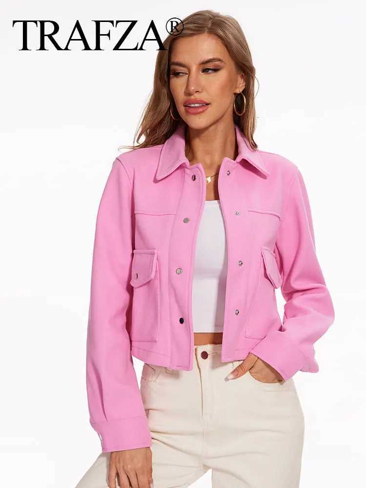 TRAFZA Women Casual Solid Coat Single TurnDown Collar Breasted Long Sleeve Jacket With Front Pockets Office Lady Outerwear Z250918