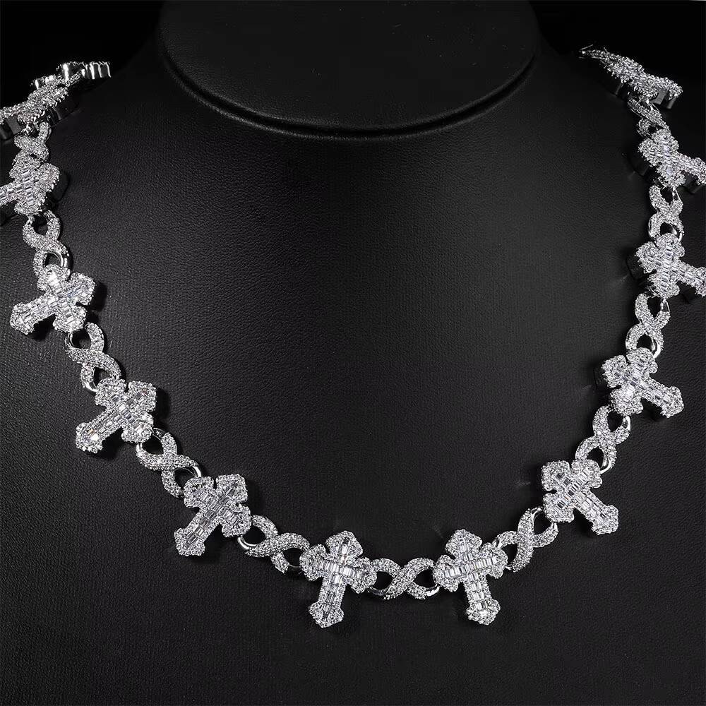 NUOYA Luxury Flip Buckle Cross Necklace 15MM Iced Out Moissanite Chain 8 Character Infinite Design Fine Hip Hop Jewelry