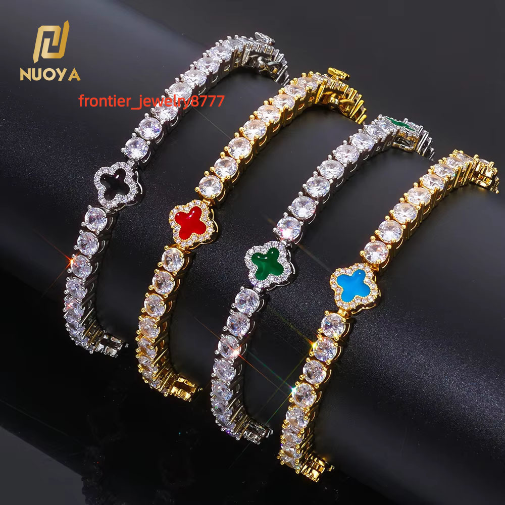 NUOYA Womens Gold Plated Tennis Chain Iced Out Moissanite Stones Four Leaf Clover Design Bracelet Fine Hip Hop Jewelry