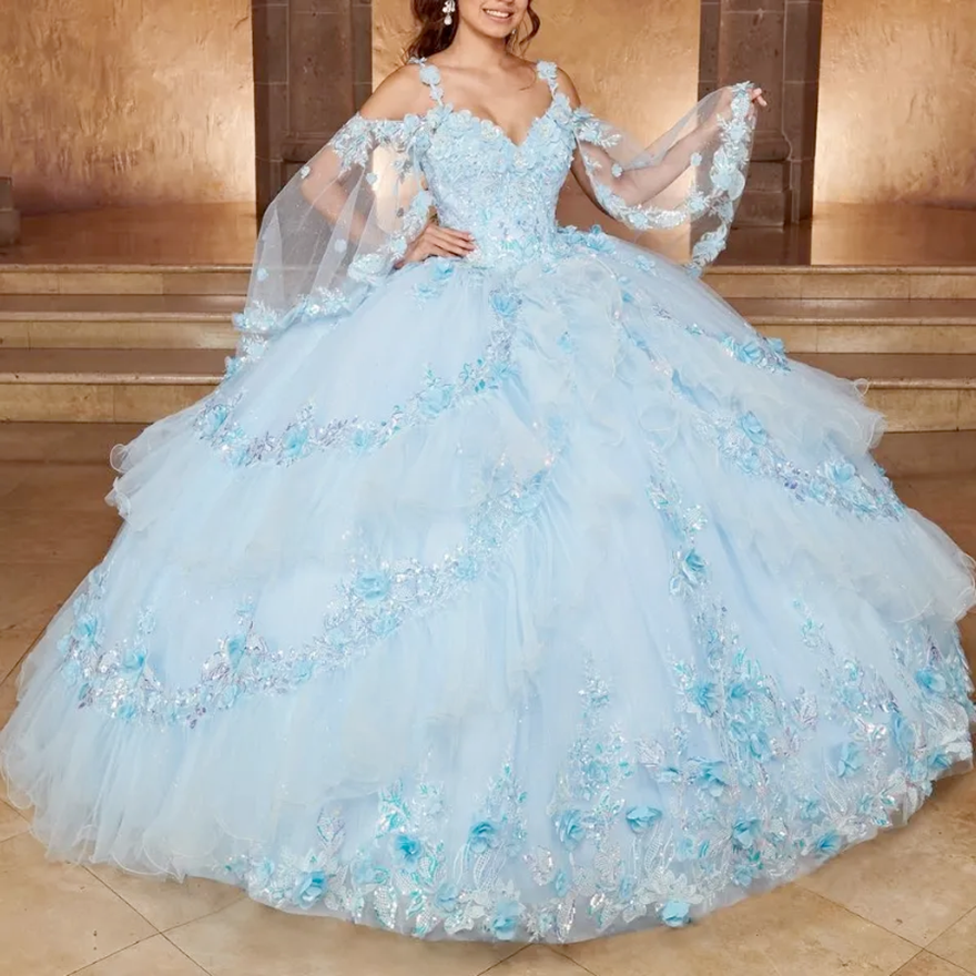 Sky Blue Shiny Princess Quinceanera Dress Lace Applique Flower Beaded With Cape Mexico Sweet Vestidos De XV Anos