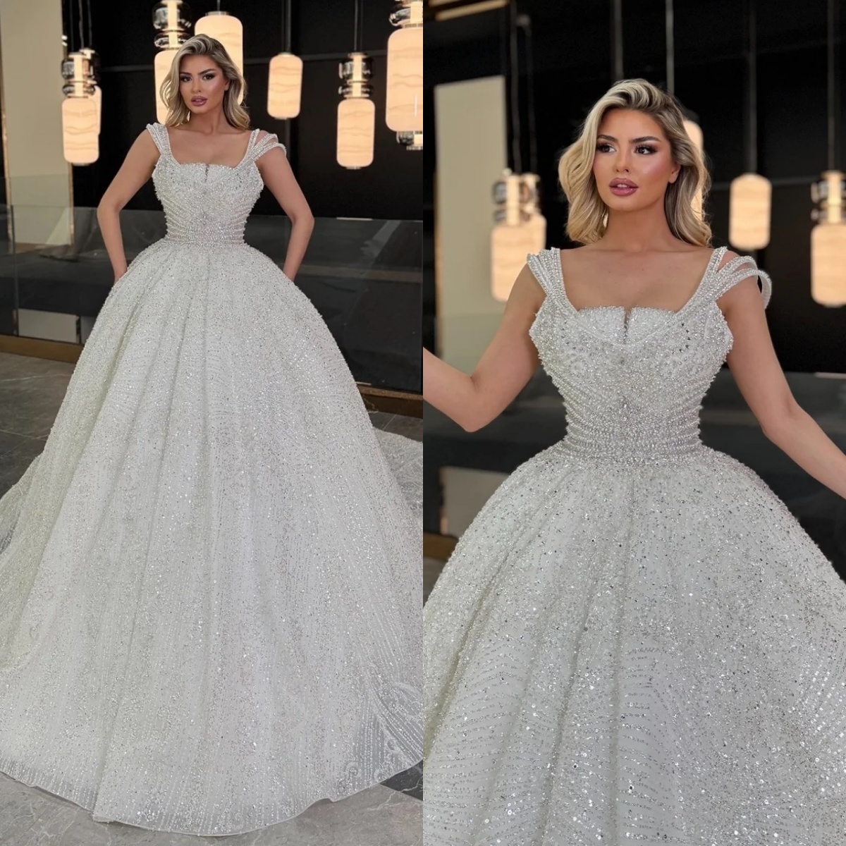Exquisite Wedding Dresses Sequins Beading Bridal Ball Gowns Pearls Sleeveless Princess Sweep Train Customized Vestidos De Novia Plus Size