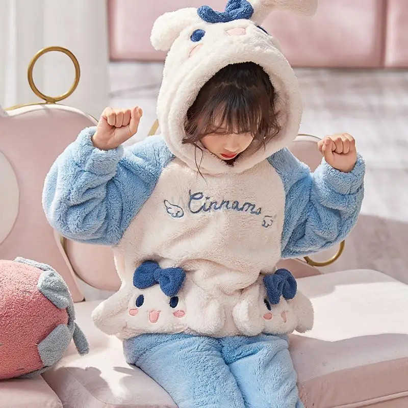 Sanrio Hello Kitty Girl Thickening Pajamas Winter Keep Warm Children Long Sleeves Pants Kawaii Anime New Style Household Clothes L250919
