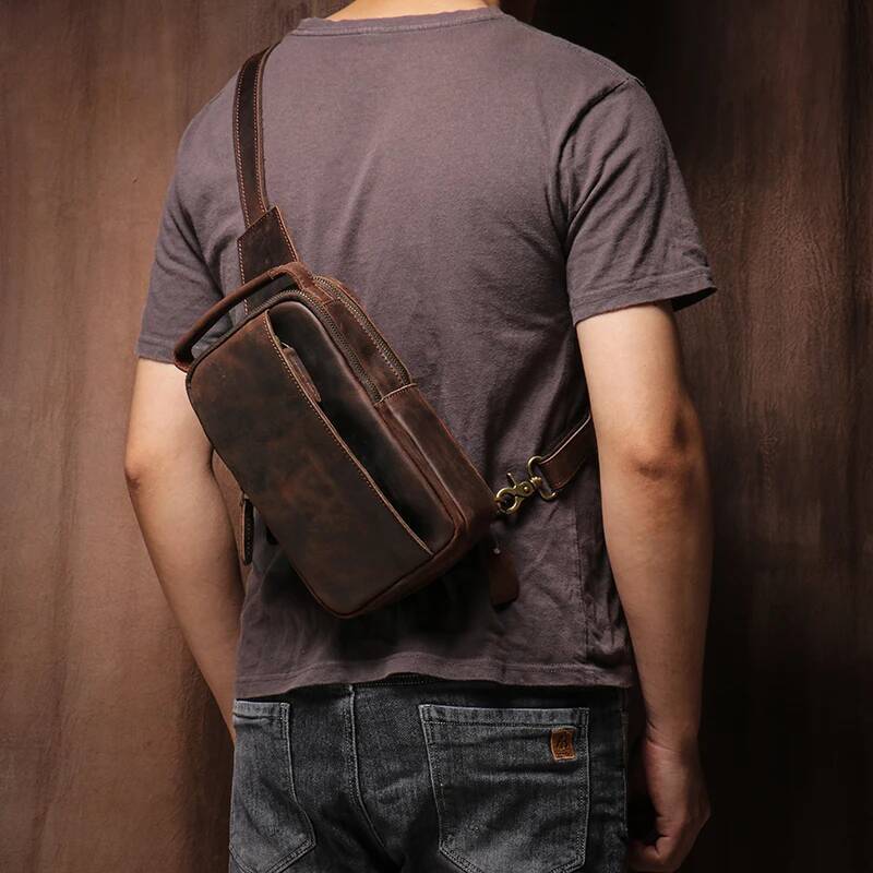 GURO Men's Higher Quality Chest Pack Vintage Genuine Leather Travel Sling Bag Male satchel Crazy Horse Cowhide Crossbody