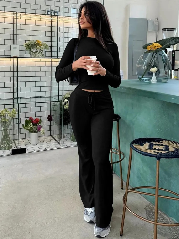 2025 Womens Casual 2 Piece Pants Set Long Sleeves Bodycon Crop Top And Drawstring Flare Pants Matching Set Streetwear Autumn 250917
