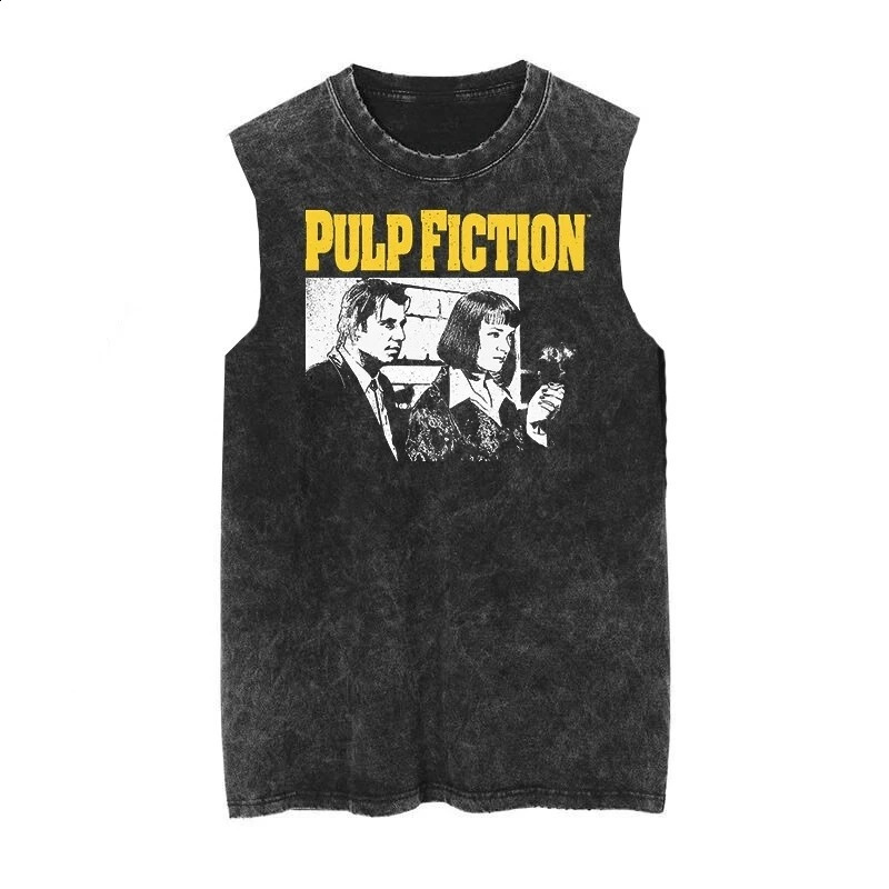 Quentin Pulp Fiction film print vest distressed washed vintage sleeveless Tshirt Mens Womens Gym Clothing Summer Tank Top 2025250919