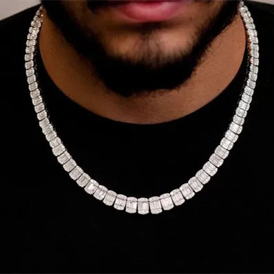 Hip Hop Ice Out Baguette Diamond Tennis Necklace Jewelry 925 Sterling Silver 9mm Moissanite Tennis Chain
