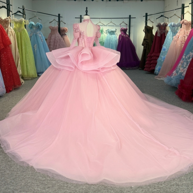 Pink Shiny Quinceanera Dresses Off The Shoulder Lace Beading Corset Tull Long Sleeves Party Birthday Sweet 16 Dress Vestidos De 15 Anos