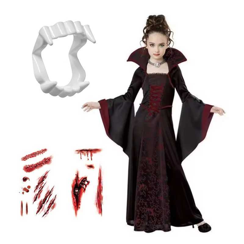 Girls Halloween Costume Vampire Dress Up Child Vampiress False Teeth Role Play Carnival Party Cosplay Outfits with Stickers L250918